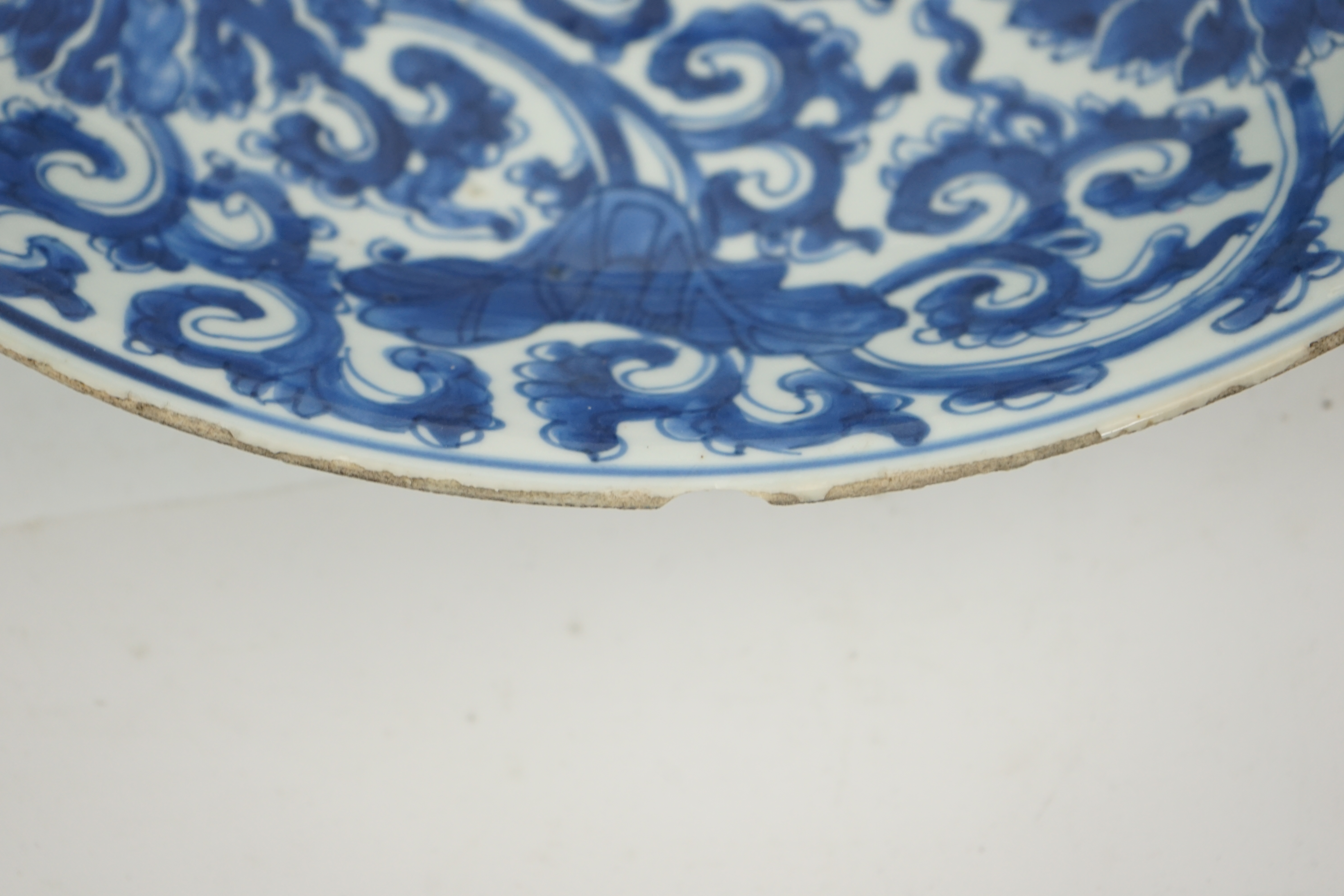 A large Chinese blue and white ‘lotus’ dish, Kangxi period